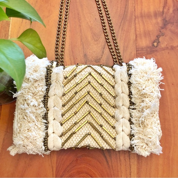 ZARA Unique Boho Beaded Cream Golden Tone Chain &Hardware Crossbody Shoulder Bag - Picture 11 of 15